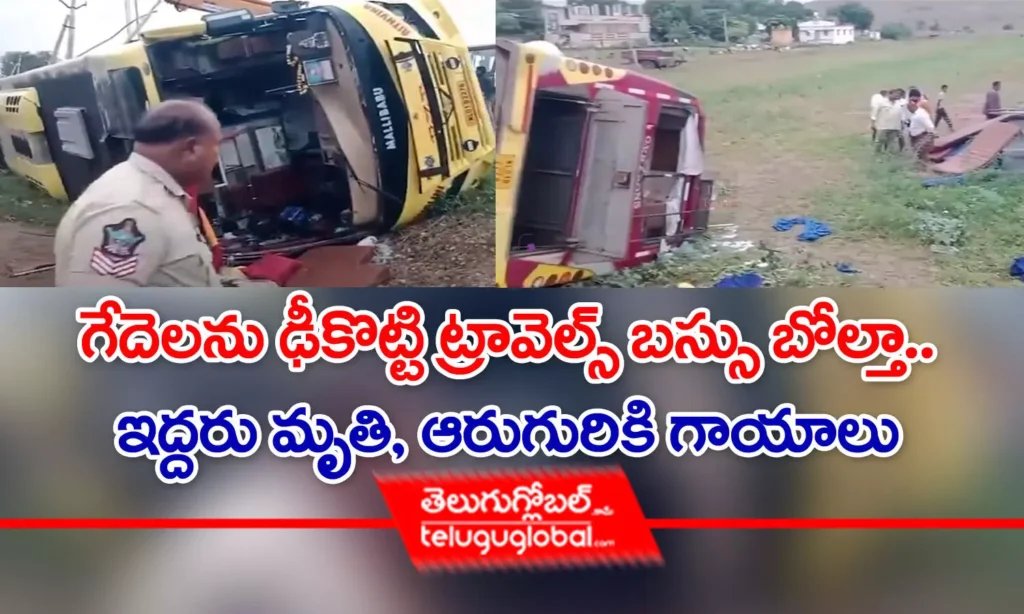 గేదెలను ఢీకొట్టి ట్రావెల్స్‌ బస్సు బోల్తా.. ఇద్దరు మృతి